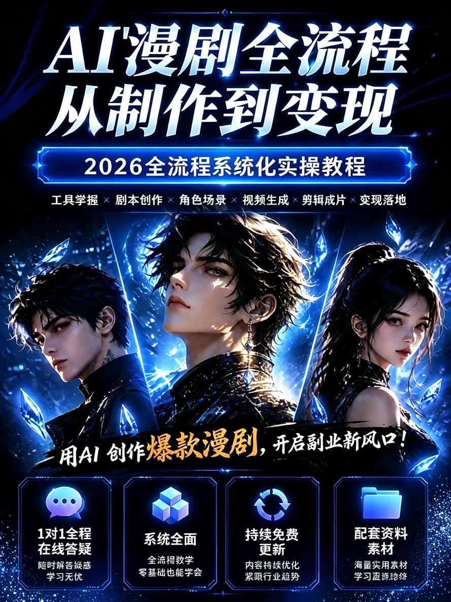 (20906期)【无水印】2026AI漫剧创作与商业变现掘金营:打通选题→AI编剧→角色场景→自动分镜→视频生成→剪辑发布→运营变现插图1百创网-源码交易平台_网站源码_商城源码_小程序源码 (20906期)【无水印】2026AI漫剧创作与商业变现掘金营:打通选题→AI编剧→角色场景→自动分镜→视频生成→剪辑发布→运营变现
