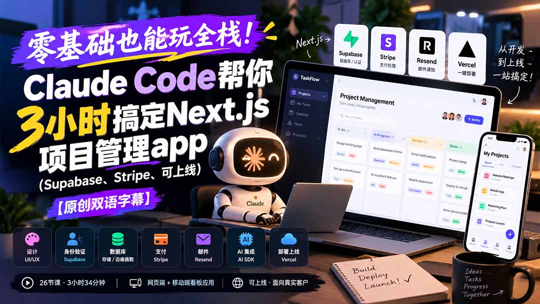 （20907期）零基础也能玩全栈！Claude Code帮你3小时搞定Next.js项目管理app（Supabase、Stripe、可上线）【原创双语字幕】缩略图百创网-源码交易平台_网站源码_商城源码_小程序源码