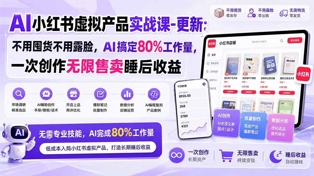 （21012期）AI小红书虚拟产品实战课-更新1017：不用囤货不用露脸，AI搞定80%工作量，一次创作无限售卖睡后收益缩略图百创网-源码交易平台_网站源码_商城源码_小程序源码