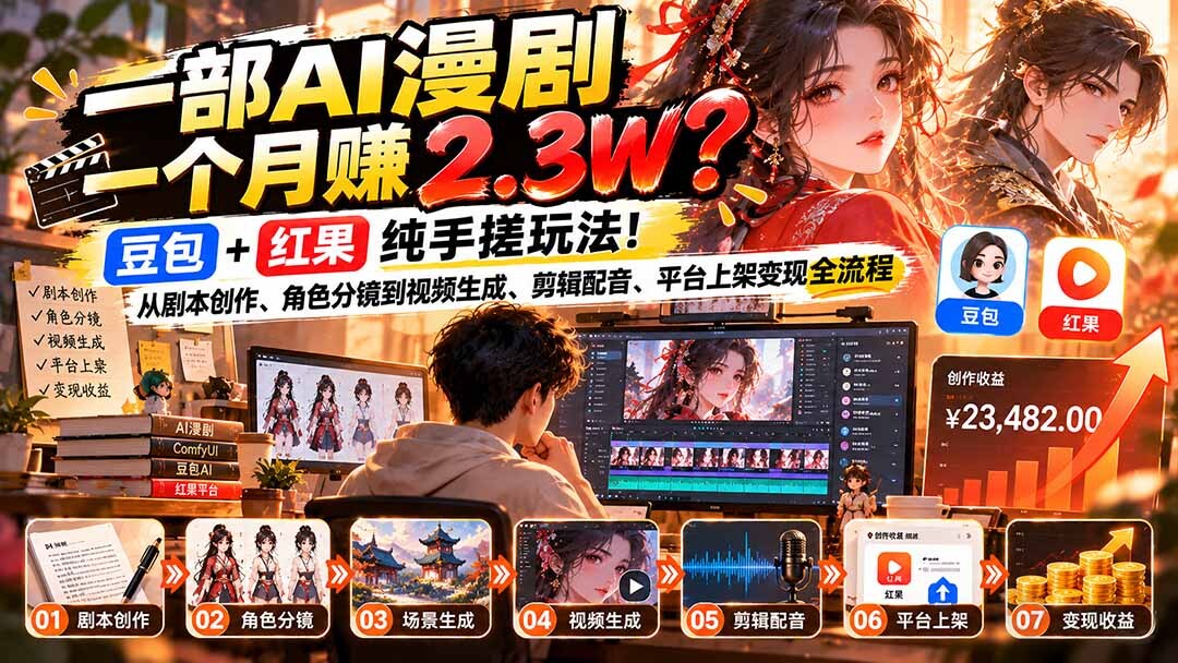 (21089期)一部AI漫剧一个月赚2.3W?豆包+红果纯手搓玩法!从剧本创作、角色分镜到视频生成、剪辑配音、平台上架变现全流程插图百创网-源码交易平台_网站源码_商城源码_小程序源码 (21089期)一部AI漫剧一个月赚2.3W?豆包+红果纯手搓玩法!从剧本创作、角色分镜到视频生成、剪辑配音、平台上架变现全流程
