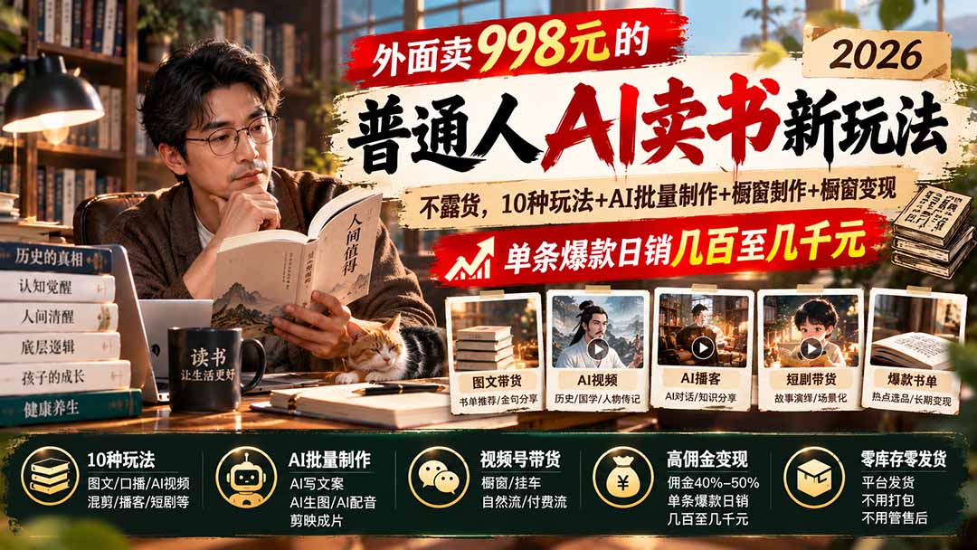 （20909期）外面卖998元的2026普通人AI卖书新玩法：不露脸、不囤货，10种玩法+AI批量制作+橱窗变现，单条爆款日销几百至几千元缩略图百创网-源码交易平台_网站源码_商城源码_小程序源码