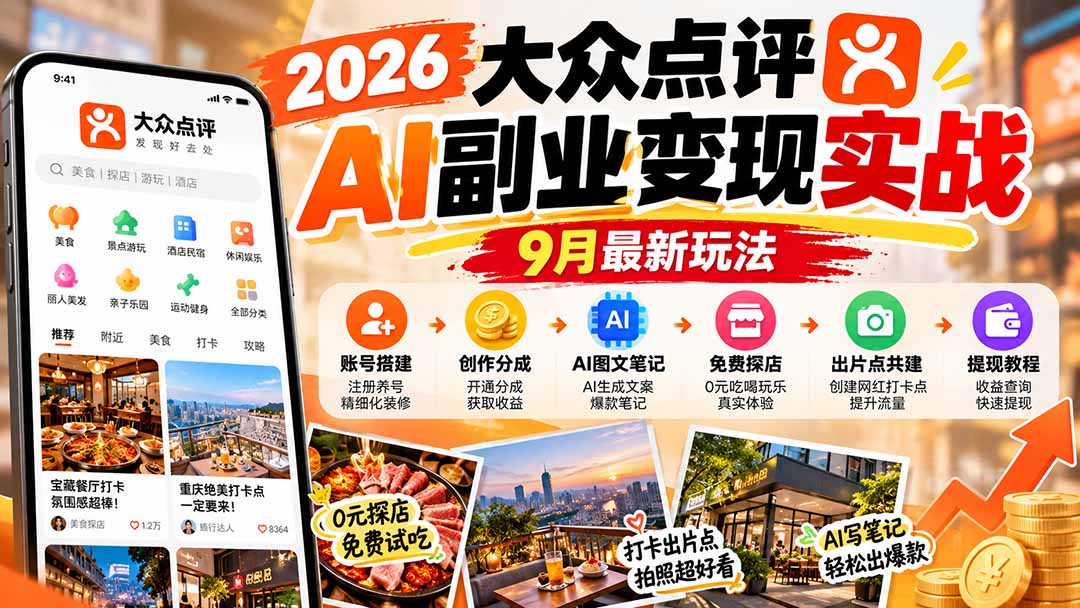 （20873期）2026大众点评AI副业变现实战9月最新玩法：账号搭建+创作分成+AI图文笔记+免费探店+出片点共建与提现教程缩略图百创网-源码交易平台_网站源码_商城源码_小程序源码
