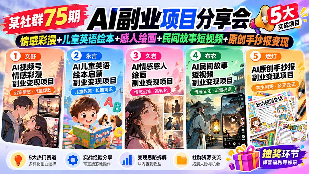 （20874期）某社群75期AI副业项目分享会：情感彩漫+儿童英语绘本+感人绘画+民间故事短视频+原创手抄报变现缩略图百创网-源码交易平台_网站源码_商城源码_小程序源码