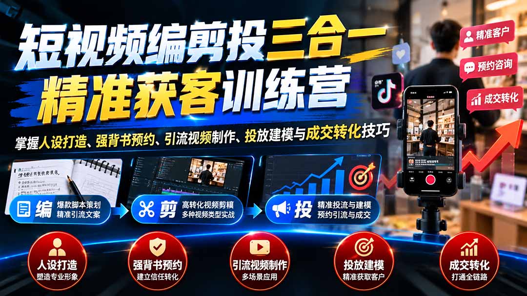 （20910期）短视频编剪投三合一精准获客训练营：掌握人设打造、强背书预约、引流视频制作、投放建模与成交转化技巧缩略图百创网-源码交易平台_网站源码_商城源码_小程序源码