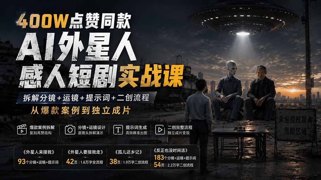 (20872期)400W点赞同款AI外星人感人短剧实战课-更新1009:拆解分镜+运镜+提示词+二创流程,从爆款案例到独立成片插图百创网-源码交易平台_网站源码_商城源码_小程序源码 (20872期)400W点赞同款AI外星人感人短剧实战课-更新1009:拆解分镜+运镜+提示词+二创流程,从爆款案例到独立成片