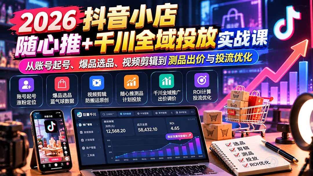 （20998期）2026抖音小店随心推+千川全域投放实战课：从账号起号、爆品选品、视频剪辑到测品出价与投流优化缩略图百创网-源码交易平台_网站源码_商城源码_小程序源码