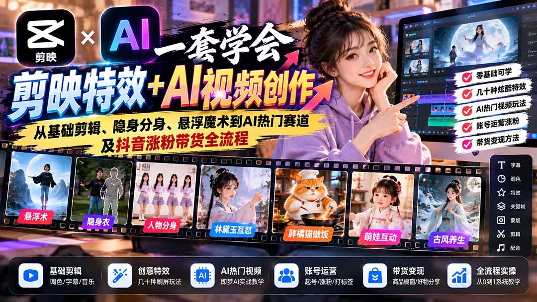 （20999期）一套学会剪映特效+AI视频创作：从基础剪辑、隐身分身、悬浮魔术到AI热门赛道及抖音涨粉带货全流程缩略图百创网-源码交易平台_网站源码_商城源码_小程序源码