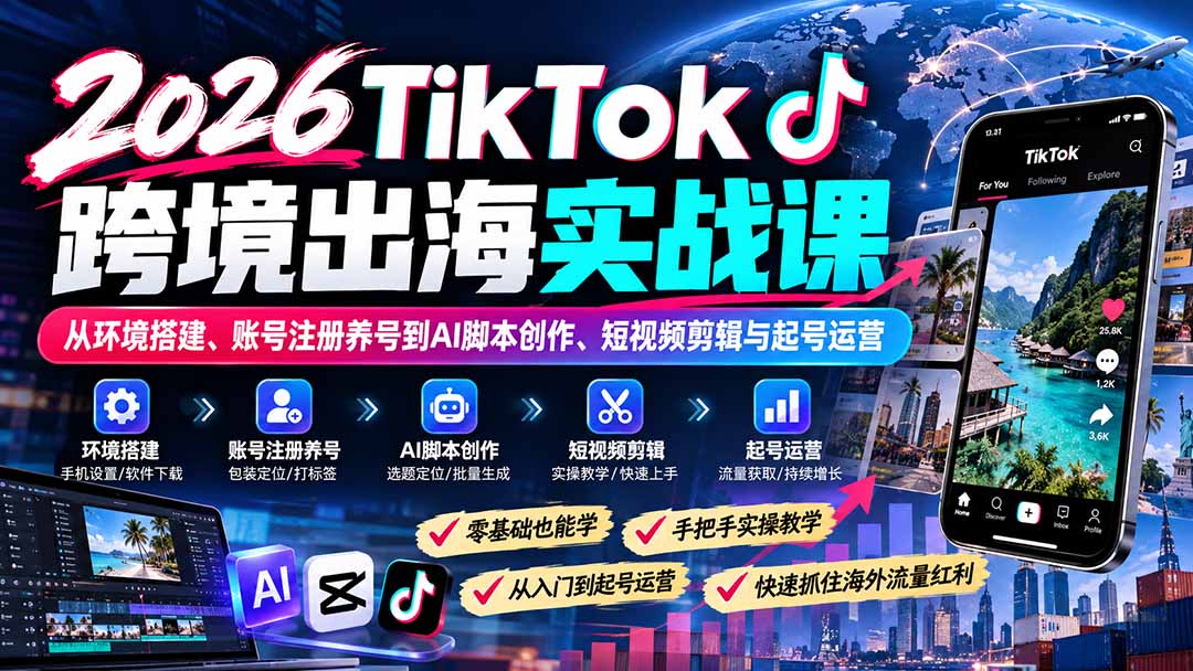 （21170期）2026TikTok跨境出海实战课：从环境搭建、账号注册养号到AI脚本创作、短视频剪辑与起号运营缩略图百创网-源码交易平台_网站源码_商城源码_小程序源码