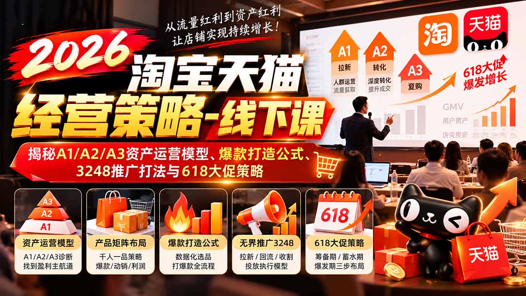 (20912期)2026淘宝天猫经营策略-线下课:揭秘A1/A2/A3资产运营模型、爆款打造公式、3248推广打法与618大促策略插图百创网-源码交易平台_网站源码_商城源码_小程序源码 (20912期)2026淘宝天猫经营策略-线下课:揭秘A1/A2/A3资产运营模型、爆款打造公式、3248推广打法与618大促策略
