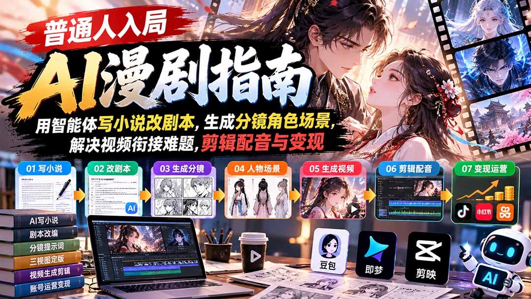 （21033期）【无水印】普通人入局AI漫剧指南：用智能体写小说改剧本，生成分镜角色场景，解决视频衔接难题，剪辑配音与变现缩略图百创网-源码交易平台_网站源码_商城源码_小程序源码