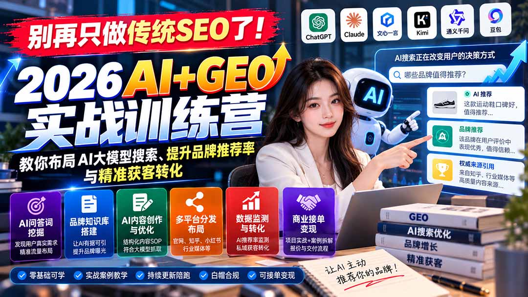 （21191期）别再只做传统SEO了！《2026AI+GEO实战训练营》教你布局AI大模型搜索、提升品牌推荐率与精准获客转化缩略图百创网-源码交易平台_网站源码_商城源码_小程序源码