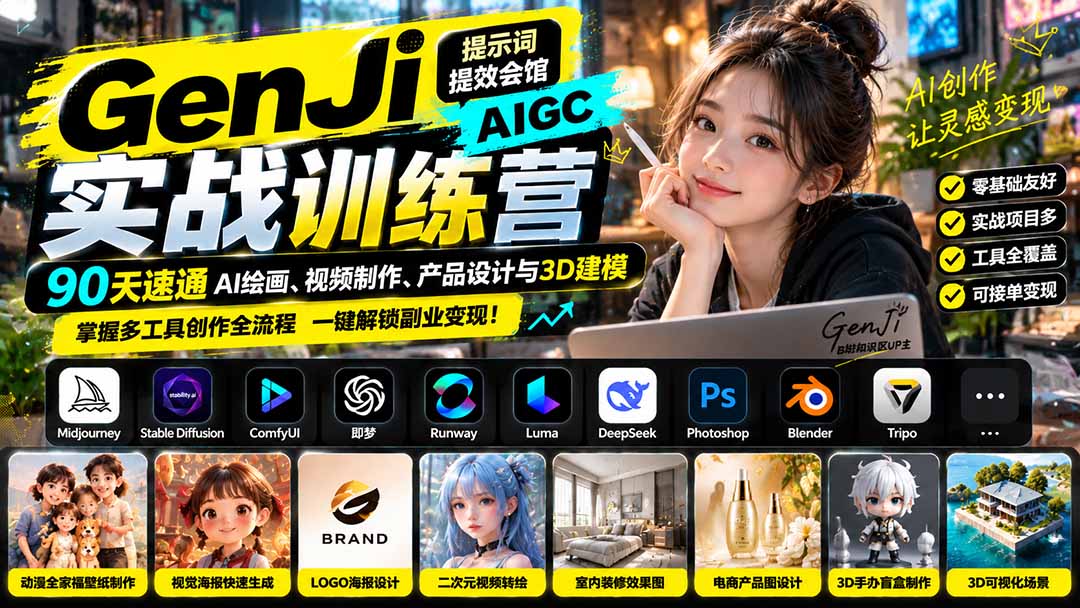 （21192期）GenJi AIGC实战训练营：90天速通AI绘画、视频制作、产品设计与3D建模，掌握多工具创作全流程缩略图百创网-源码交易平台_网站源码_商城源码_小程序源码