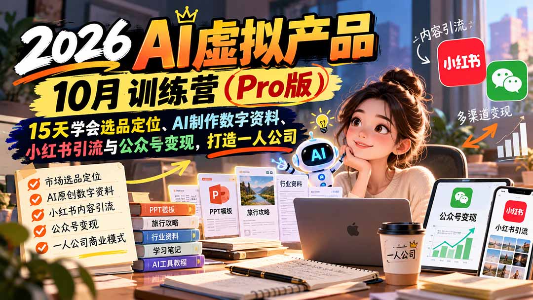 (21109期)AI虚拟产品10月训练营(Pro版)更新1022:15天学会选品定位、AI制作数字资料、小红书引流与公众号变现,打造一人公司插图百创网-源码交易平台_网站源码_商城源码_小程序源码 (21109期)AI虚拟产品10月训练营(Pro版)更新1022:15天学会选品定位、AI制作数字资料、小红书引流与公众号变现,打造一人公司