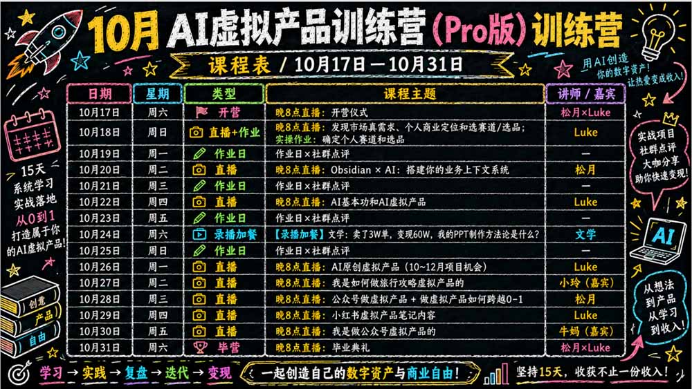 (21109期)AI虚拟产品10月训练营(Pro版)更新1022:15天学会选品定位、AI制作数字资料、小红书引流与公众号变现,打造一人公司插图2百创网-源码交易平台_网站源码_商城源码_小程序源码 (21109期)AI虚拟产品10月训练营(Pro版)更新1022:15天学会选品定位、AI制作数字资料、小红书引流与公众号变现,打造一人公司