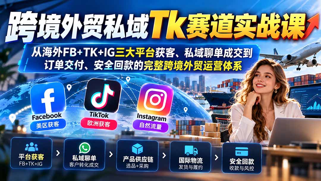 （20894期）跨境外贸私域Tk赛道实战课：从海外FB+TK+IG三大平台获客、私域聊单成交到订单交付、安全回款的完整跨境外贸运营体系缩略图百创网-源码交易平台_网站源码_商城源码_小程序源码