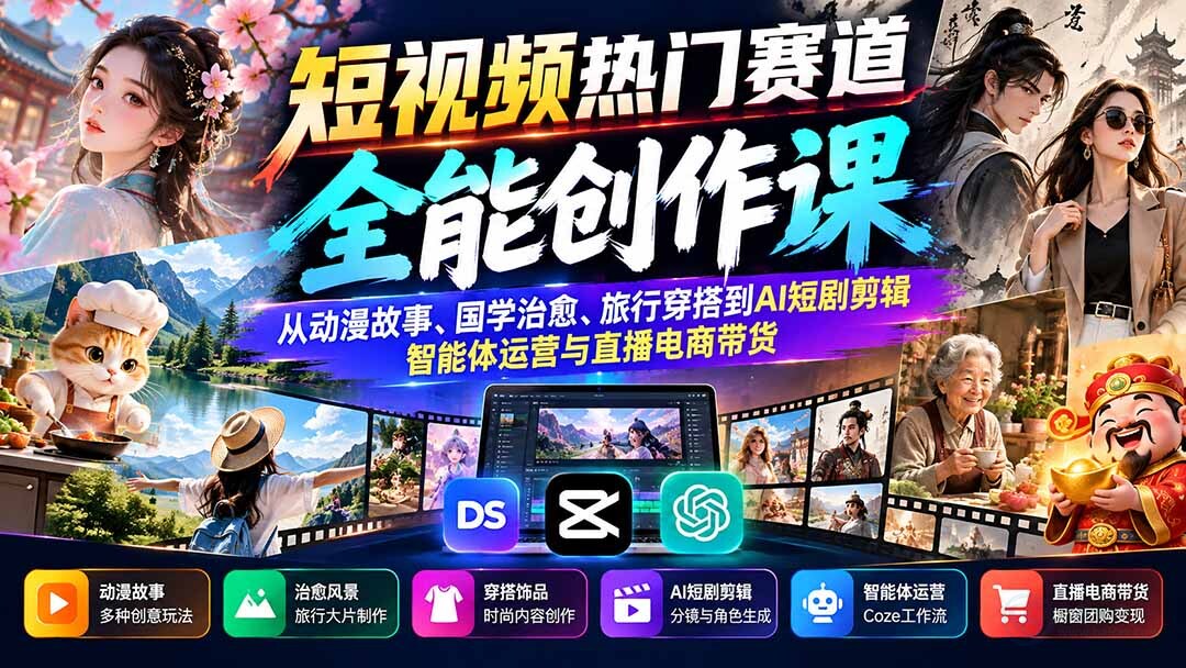 （20956期）短视频热门赛道全能创作课：从动漫故事、国学治愈、旅行穿搭到AI短剧剪辑、智能体运营与直播电商带货缩略图百创网-源码交易平台_网站源码_商城源码_小程序源码