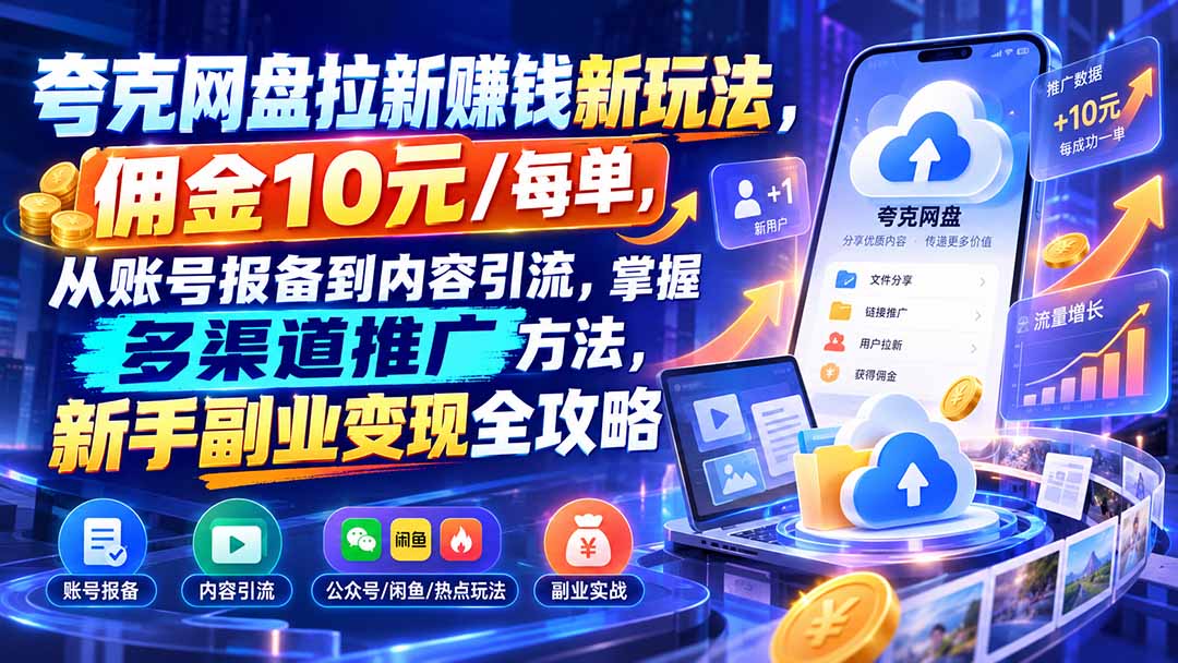 （21108期）夸克网盘拉新赚钱新玩法，佣金10元/每单，从账号报备到内容引流，掌握多渠道推广方法，新手副业变现全攻略缩略图百创网-源码交易平台_网站源码_商城源码_小程序源码