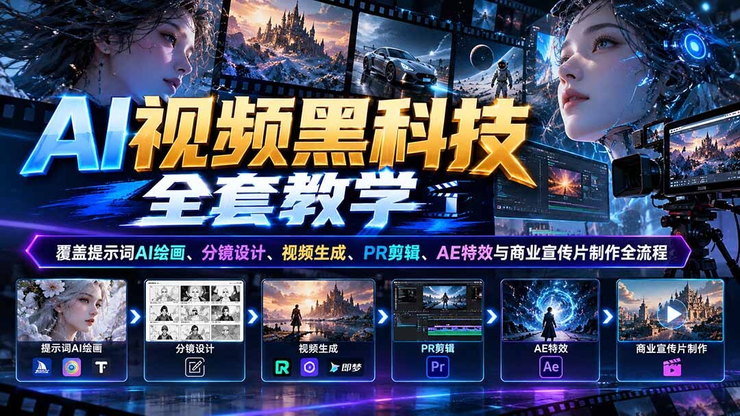 （21095期）AI视频黑科技全套教学：覆盖提示词AI绘画、分镜设计、视频生成、PR剪辑、AE特效与商业宣传片制作全流程缩略图百创网-源码交易平台_网站源码_商城源码_小程序源码